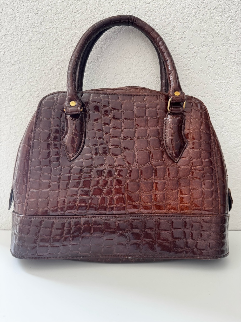 Croc-Embossed Brown Dome Satchel Handbag
